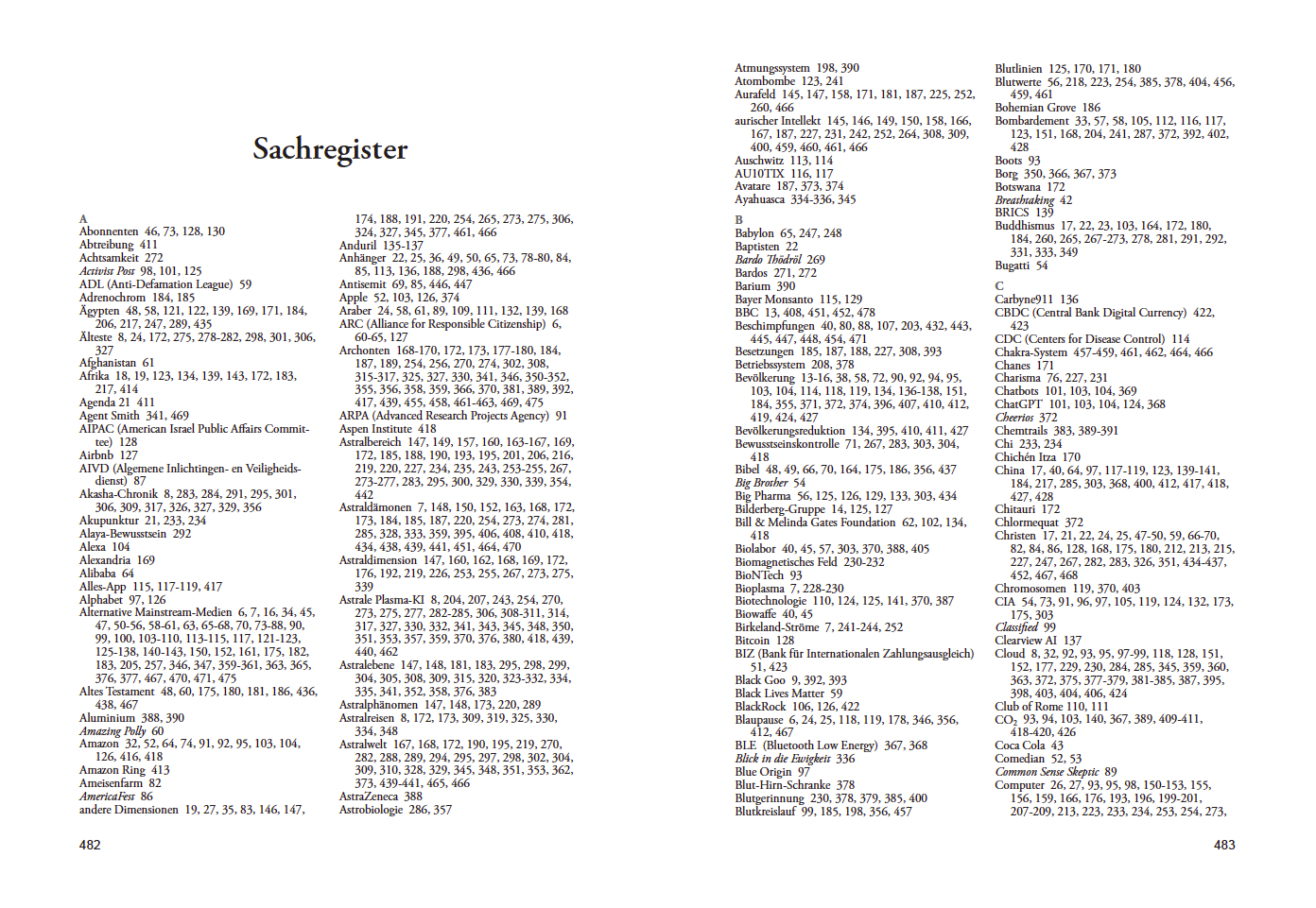 Anfang des Sachregisters in Ickes DIE ENTH&Uuml;LLUNG